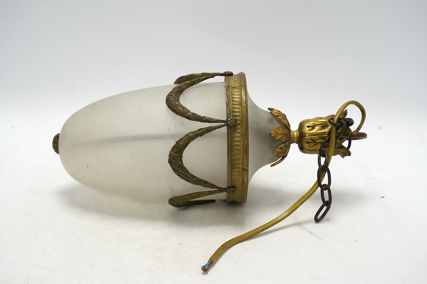 A late 19th/early 20th century ormolu mounts frosted glass hall lamp, 33cm. Condition - fair, not tested